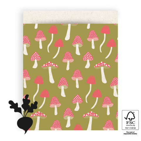 P43.216.027 Cadeauzakjes - Mushrooms Olive - 27 x 34 cm