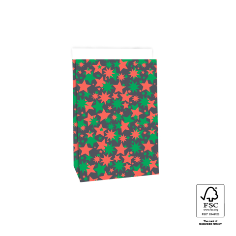 P44.065.017 Blokbodemzakken - Big Stars Green/Red - 17 x 10 x 25 cm