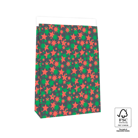 P44.065.027 Blokbodemzakken - Big Stars Green/Red - 27 x 15 x 34 cm